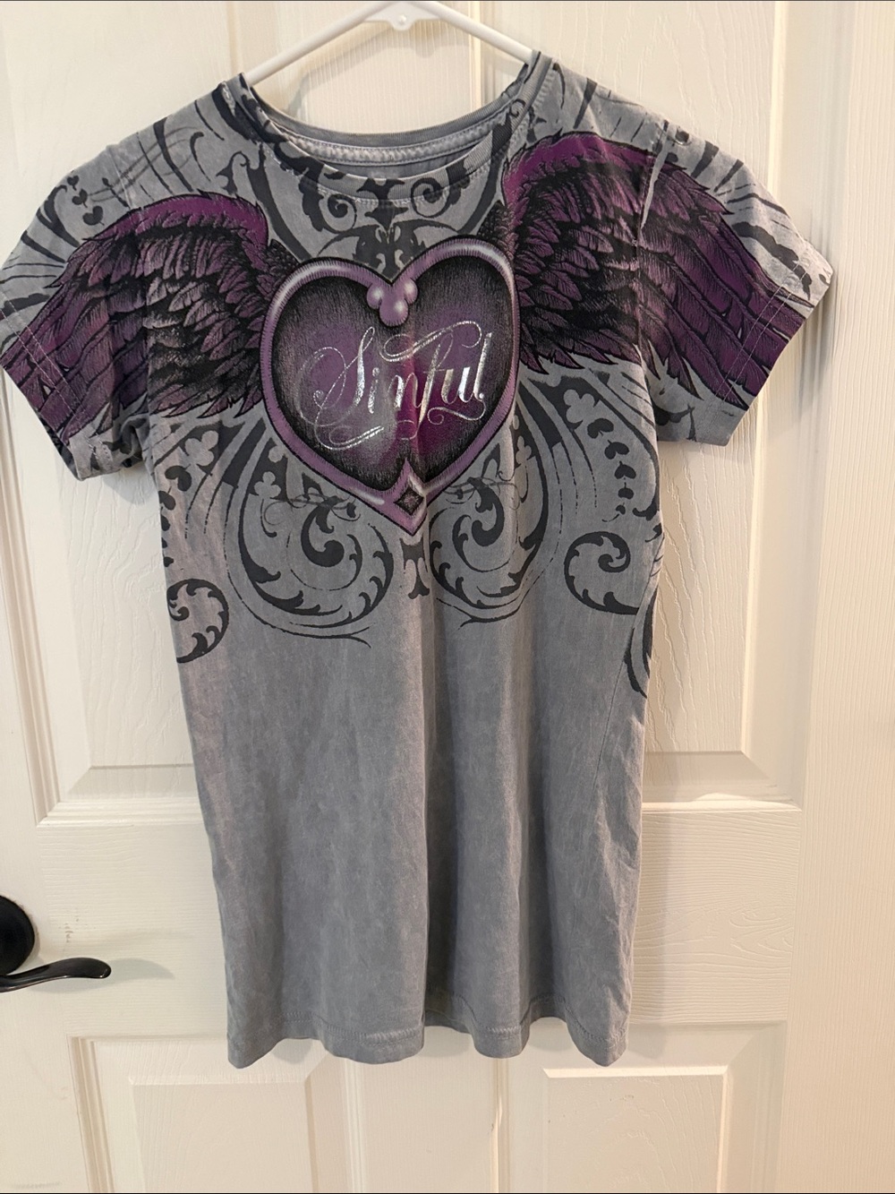 Sinful Gray Tee with Purple Winged Heart